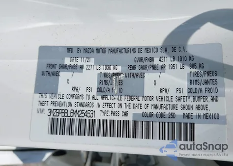 2021 Mazda Mazda3 Select z USA, uszkodzony, nr VIN 3MZBPBBL6MM254531